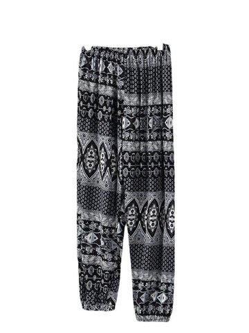 Plus Size Women Ethnic Print Bloomers Elastic Waist Tie Feet Home Pajama Pants