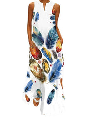 Women's Long Dress Maxi Dress Casual Dress Print Dress Feather Casual Outdoor Holiday Vacation Pocket Print Sleeveless V Neck Dress Regular Fit White Blue Spring Summer