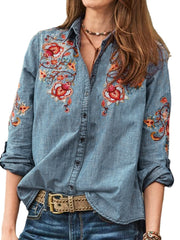 Women Long Sleeve V Neck Buttons Flower Embroidered Shirts