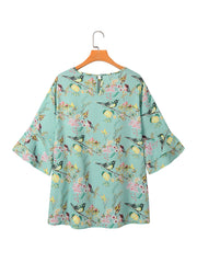 Plant Print Bell Sleeve Round Neck Blouse