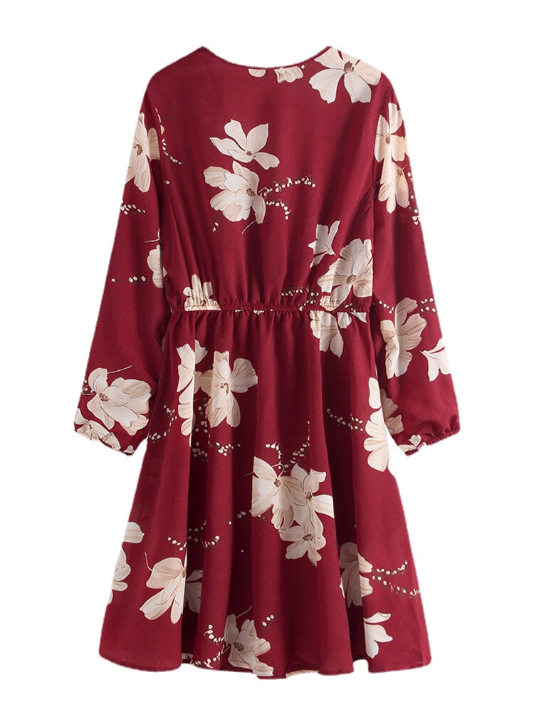 Women Long Sleeve V-neck Floral Print Mini Dress