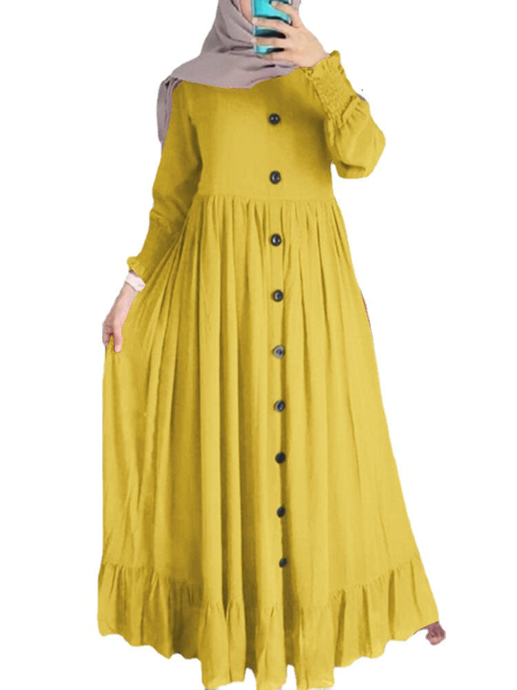 Women Solid Color Ruffles Hem Pleats Puff Sleeve Maxi Dress