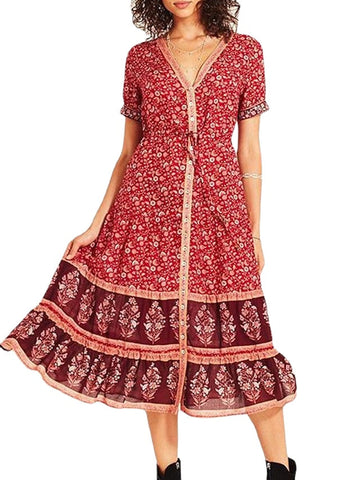 Women's Casual Dress Ethnic Dress Swing Dress Midi Dress Red Blue Short Sleeve Floral Button Spring Summer V Neck Boho