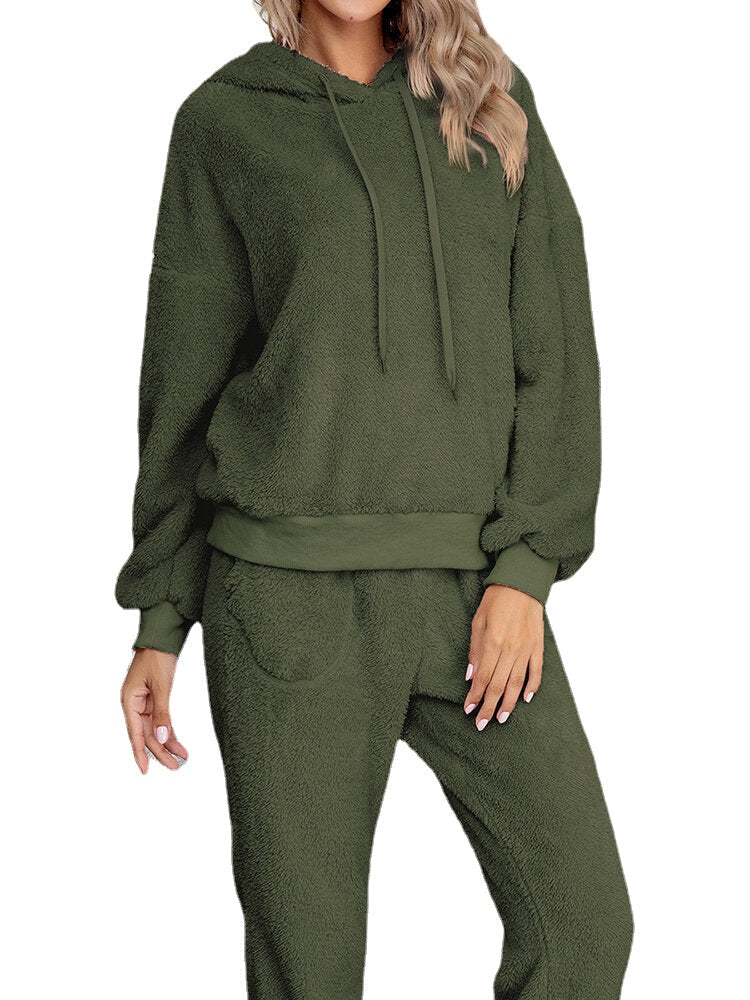 Women Solid Color Fleece Pullover Hoodie Jogger Pants Two-Piece Home Fuzzy Pajamas Set