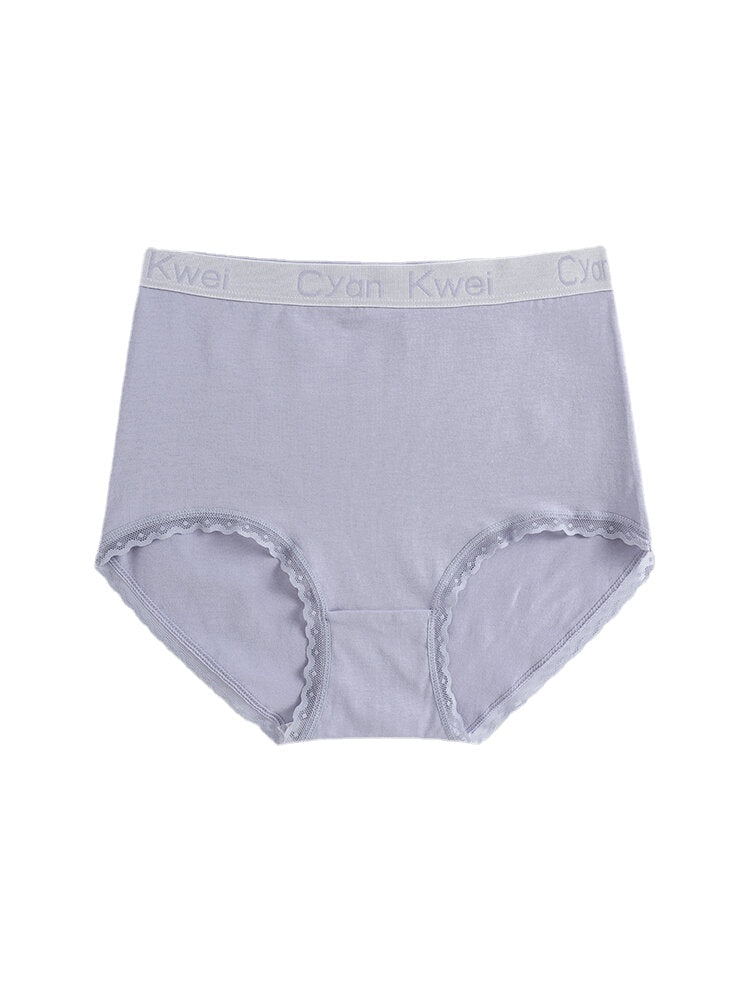 Women Solid Color Cotton Cozy Linning Lace Trim Panties With Letter Waistband