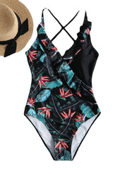 Black V-Neck Backless Flora Criss Cross Ruffled Trim Swimwear