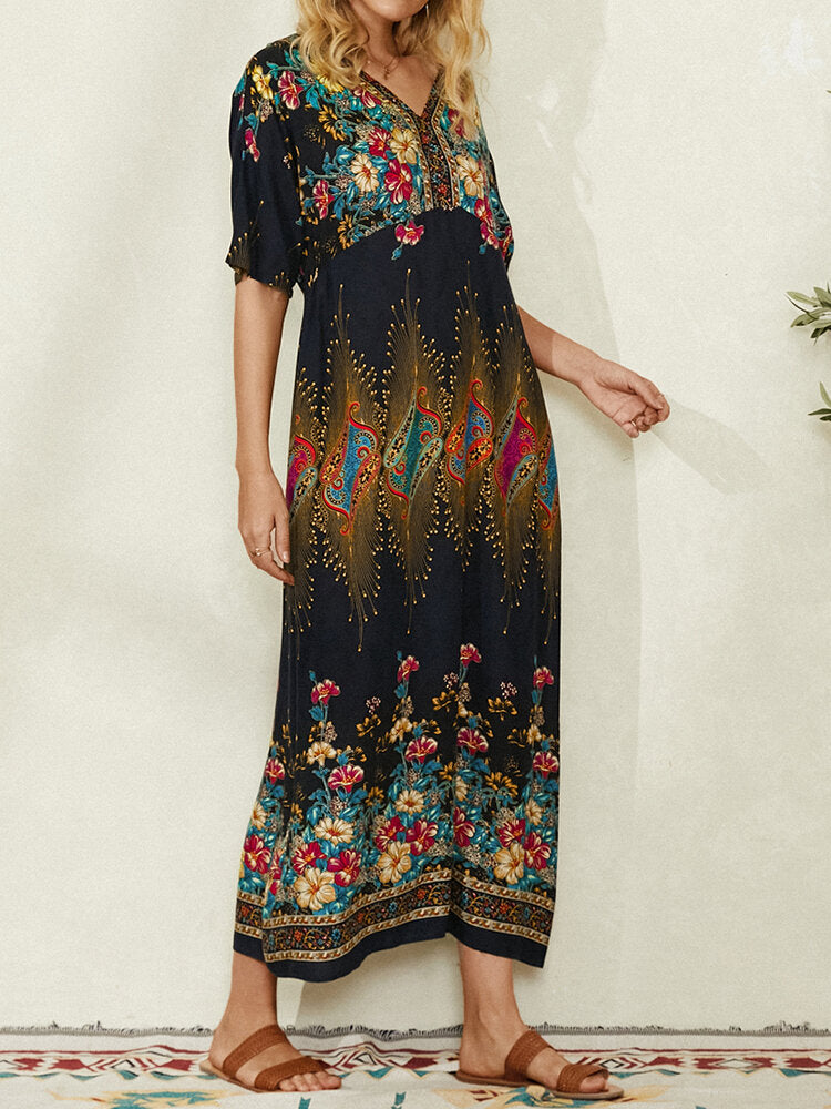 Bohemian Ethnic Floral Print V-neck Pocket Half Sleeve Casual Dress For Women