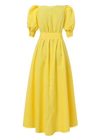 Women Solid Puff Sleeve Button Cuffs Ankle Length Retro Midi Dresses