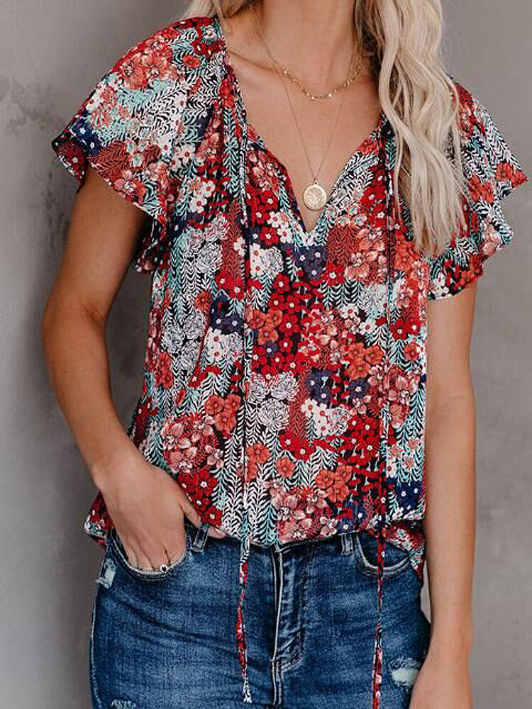 Women Colorful Floral Print V-Neck Ruffles Short Sleeve Casual Blouses