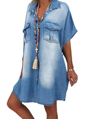 Women Casual Lapel Button Short Sleeve Loose Denim Dress