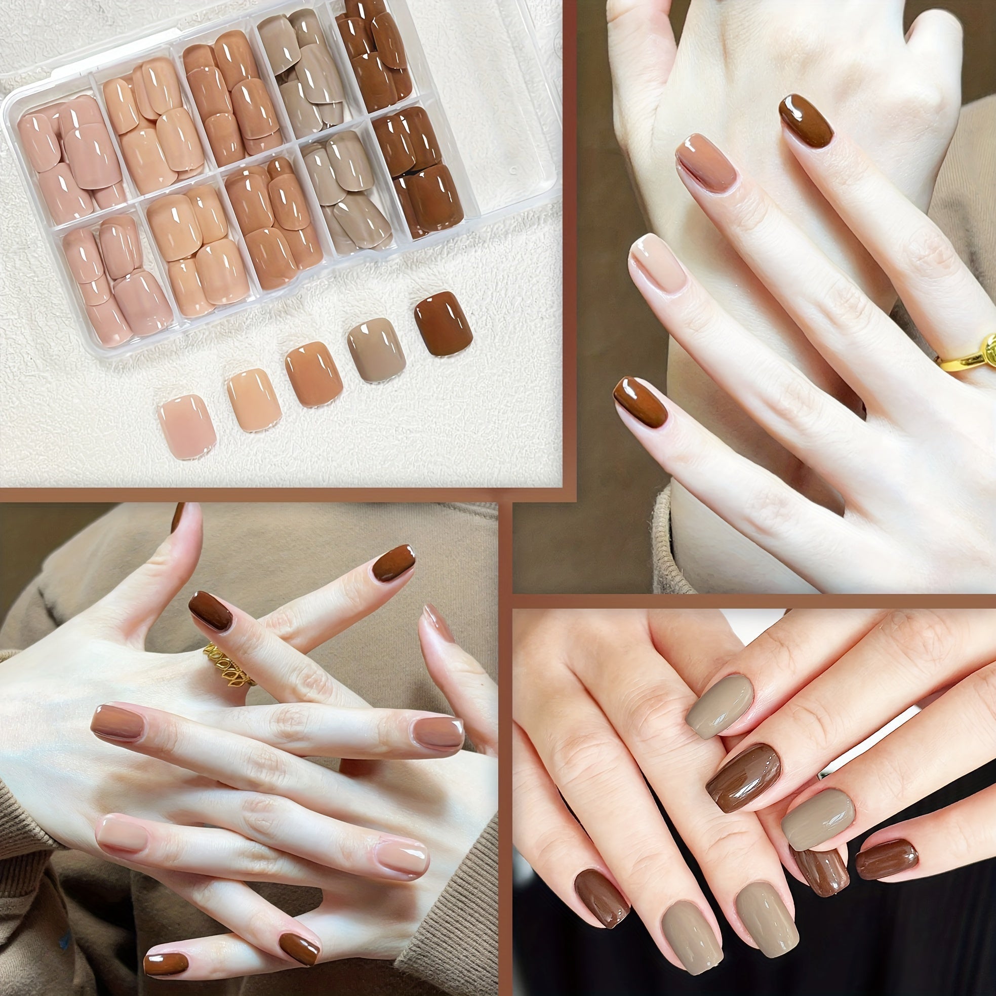 150Pcs Glossy Autumn Press-On Nails - Short Square, Solid Color, Easy Application