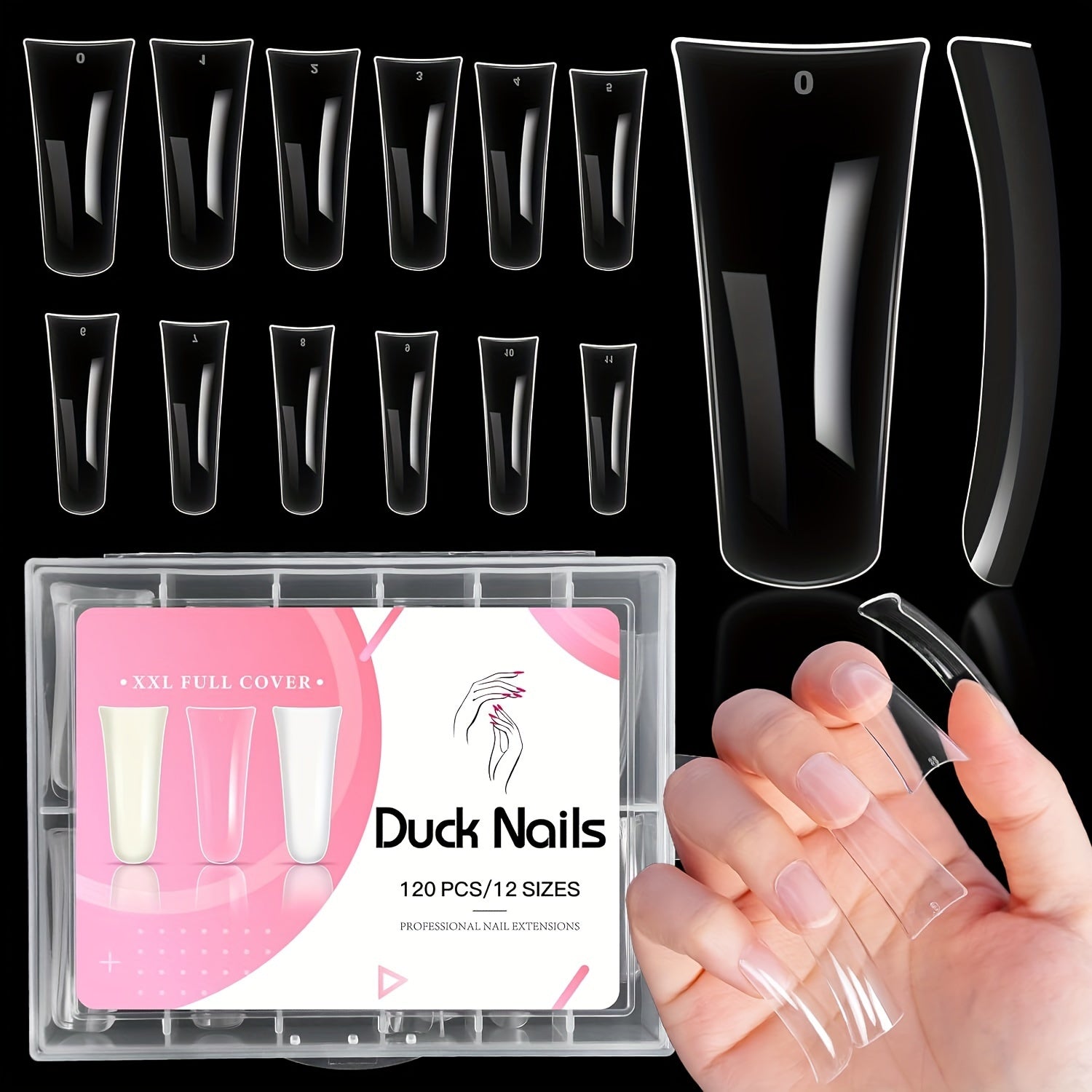 120pcs Shimmering Crystal Duck Nail Tips - 12 Sizes, Curved & Wide for Glamorous Acrylic Designs