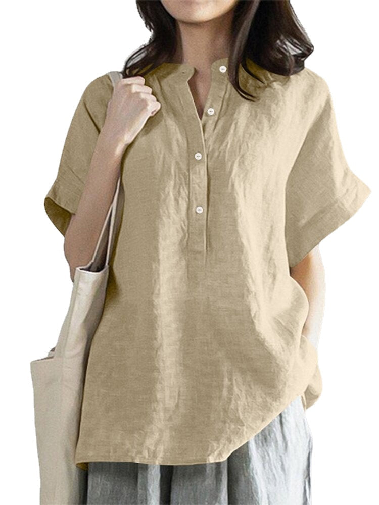 Solid Button Stand Collar Short Sleeve Loose Casual Blouse