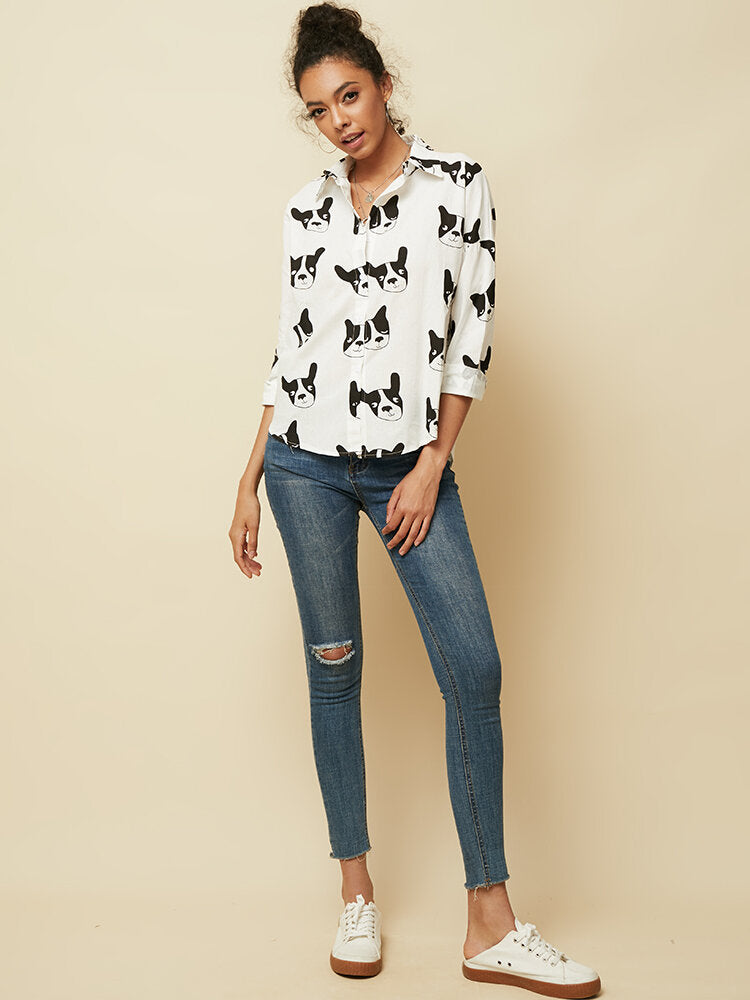 Cartoon Dog Animal Print Button Down Long Sleeve Irregular Hem Casual Blouse For Women