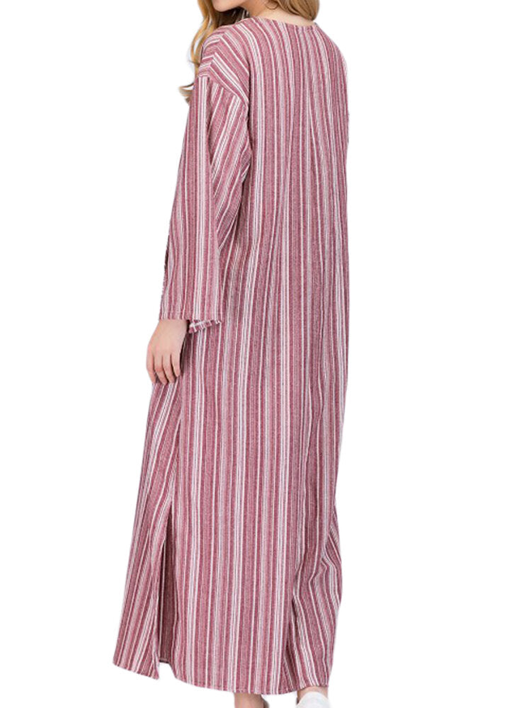 Women Casual Stripe V-neck Big Pocket Long Maxi Dress