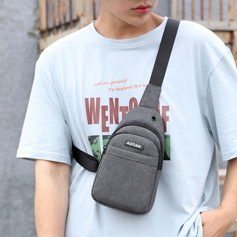 Men Earphone Hole Large Capacity Multi-pocket Waterproof Crossbody Bag Sling