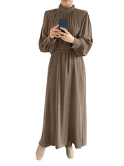 Solid Long Sleeve High Neck Pleated Casual Maxi Dress