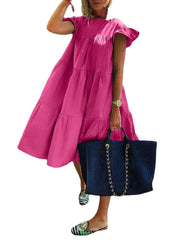 Women Solid Color Loose Ruffles Short Sleeve Casual Midi Dresses