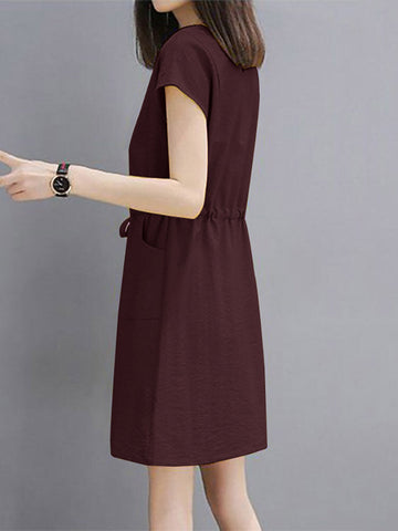 Solid Drawstring Waist Pocket Short Sleeve Casual Dress