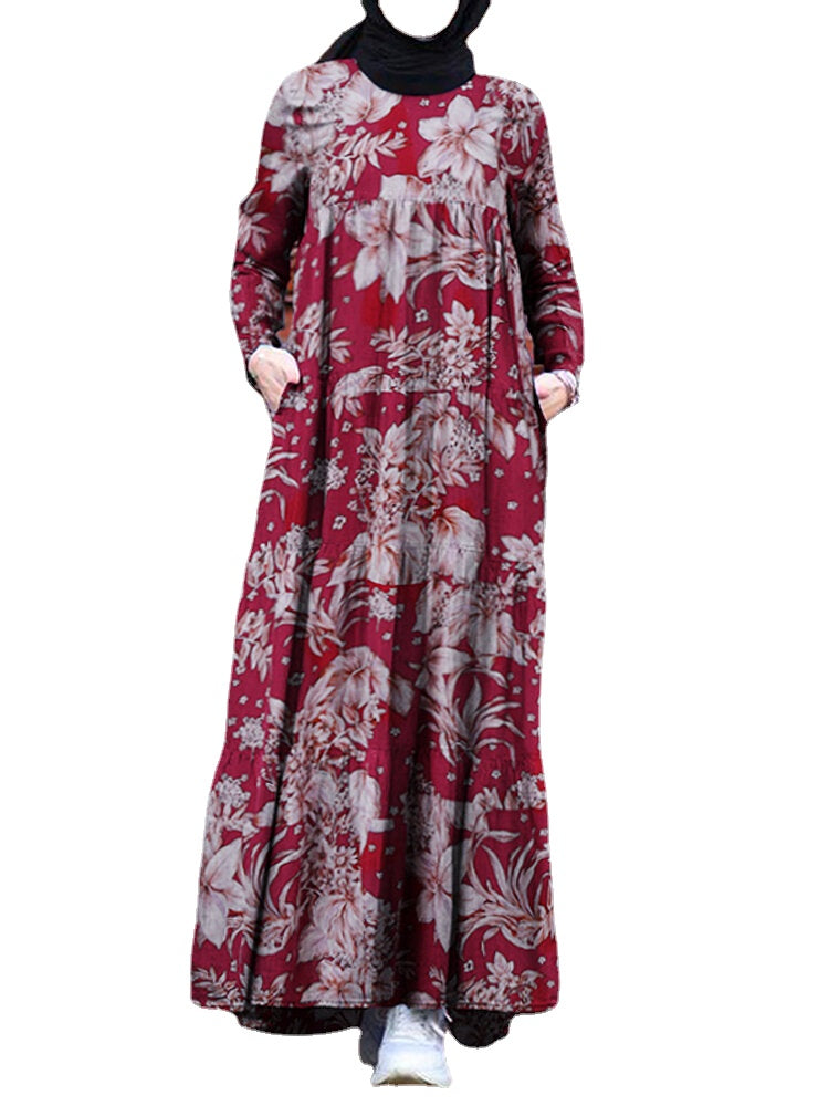 Women Floral Print Loose Causal Bohemian Back Zipper Pleated Maxi Dress With Side Pockets