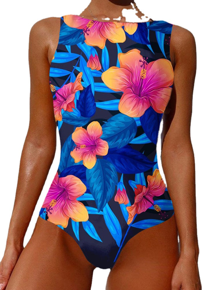 Floral Abstract Print Backless Slimming Swimsuit