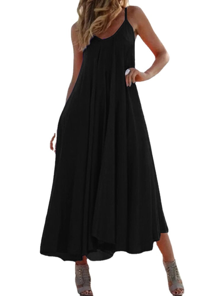 Solid Color Sleeveless Straps Holiday Casual Maxi Dress