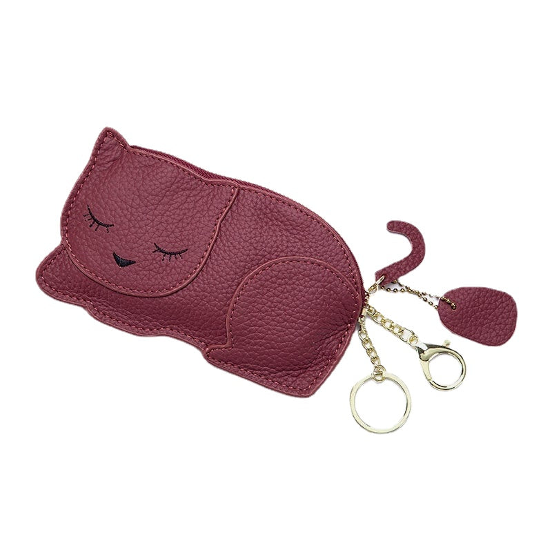 Women Genuine Leather Casual Cute Animal Nap Cat Pattern Mini Keychain Coin Storage Bag