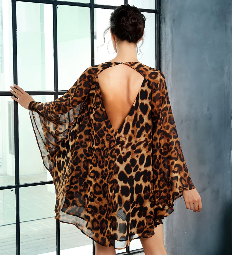 Love&Lemonade  Deep V-Neck Open Back Cloak Style Leopard Chiffon Dress LM81368