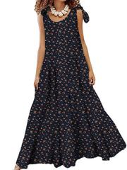 Women Cotton Floral Printing Sleeveless Detachable Bohemian Lace-Up Pleated Maxi Dress