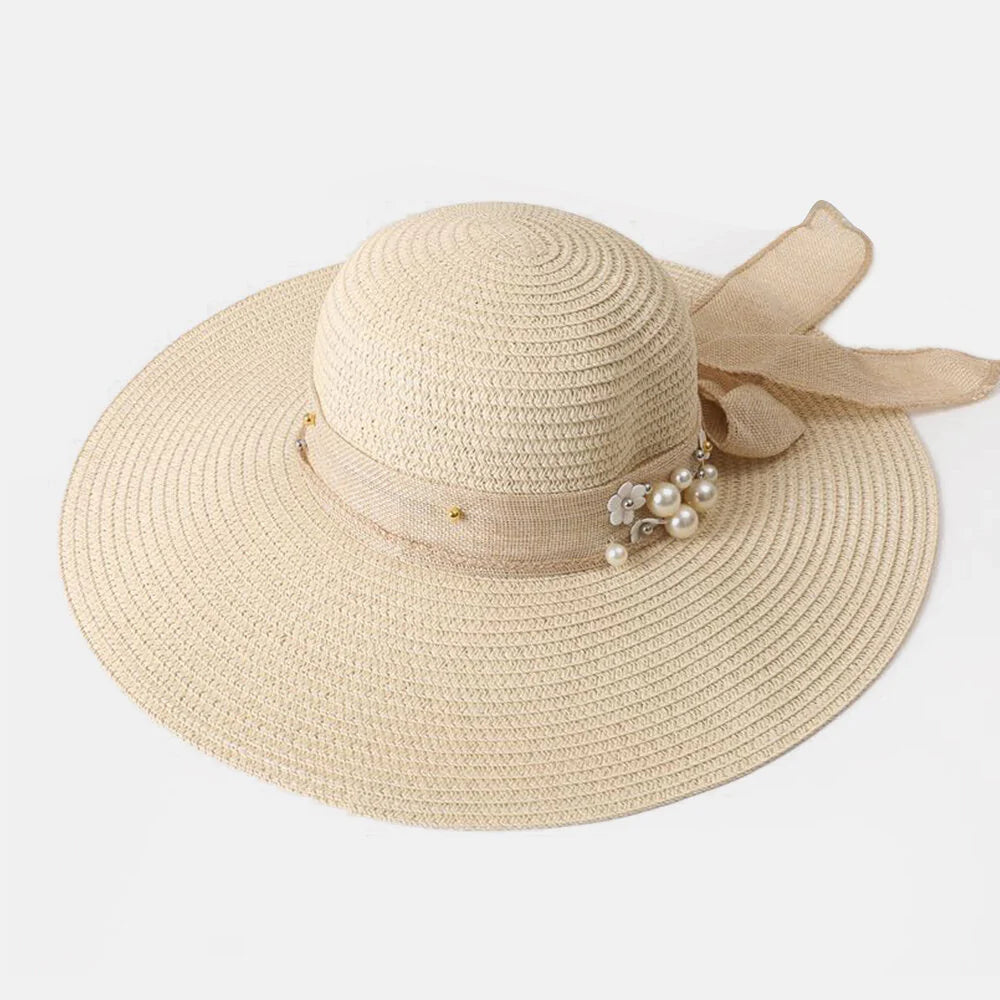 Women Straw Solid Color Elegant Big Brim Pearl Bowknot Wavy Edge Visor Sun Hat Beach Hat Bucket Hat