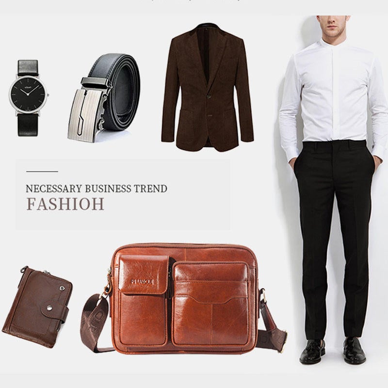 Men Genuine Leather Large Capacity Crossbody Bag Business For Outdoor
