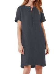 100% Cotton Women Loose Linen Round Neck Short Sleeve Button Dress with Pocket