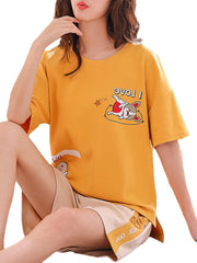 Cute Cartoon Print Short Sleeve Loose Two Piece Pajama Set For Women