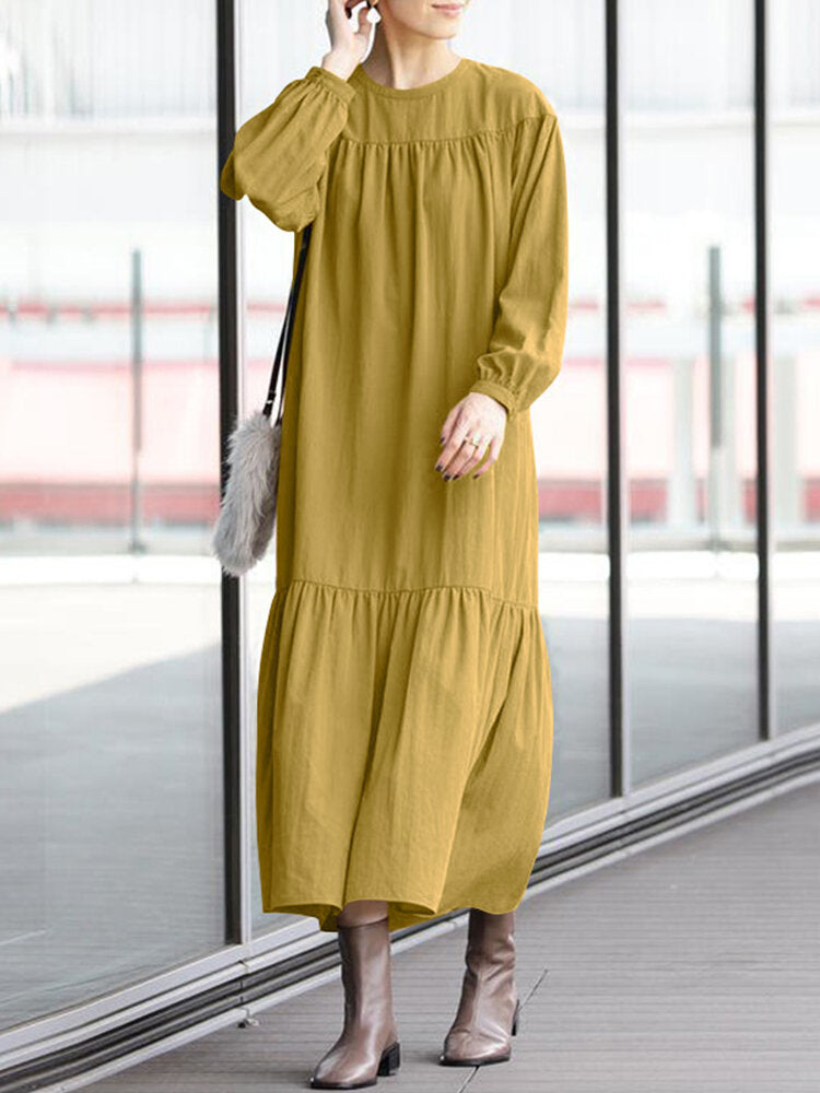 Women Cotton Solid Color Round Neck Long Sleeve Pleated Maxi Dresses