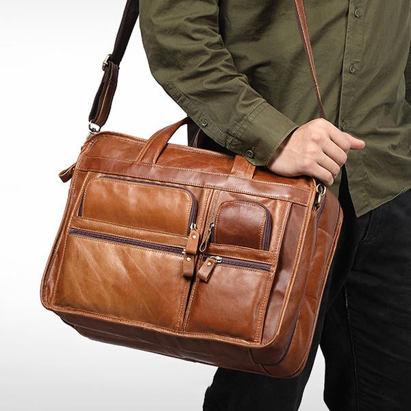Men Genuine Leather Business Large Capacity 13.3 Inch Laptop Bag Handbag Briefcase