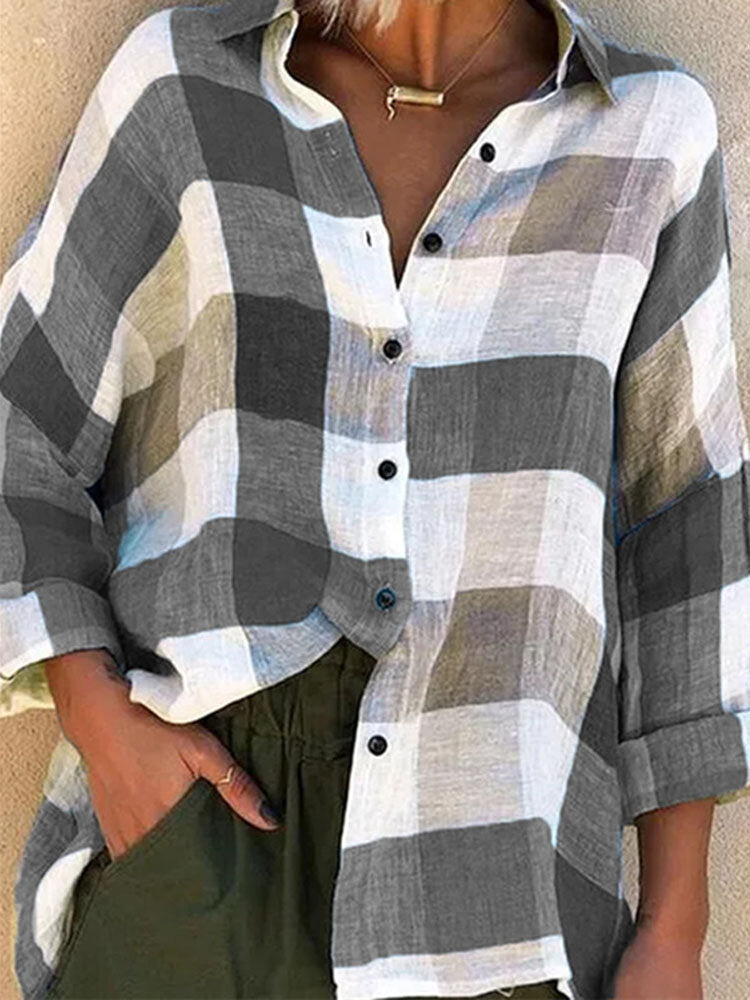 Women Plaid Button Up Lapel Loose Casual Long Sleeve Shirts