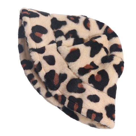 Women Rabbit Hair Leopard Pattern Casual Warm All-match Bucket Hat