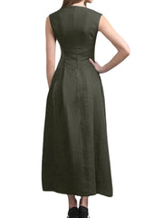 Solid Ruched Sleeveless Zip Casual Cotton Maxi Dress