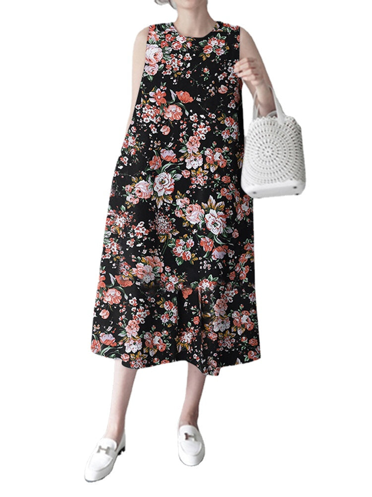 Flower Print Sleeveless Round Neck Print Dress