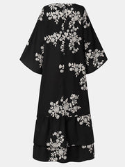 Floral Print Patchwork Crew Neck Button Back Long Sleeve Casual Maxi Dress