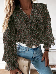 Ditsy Floral Print V-Neck Casual Flounce Sleeve Button Casual Blouses For Women