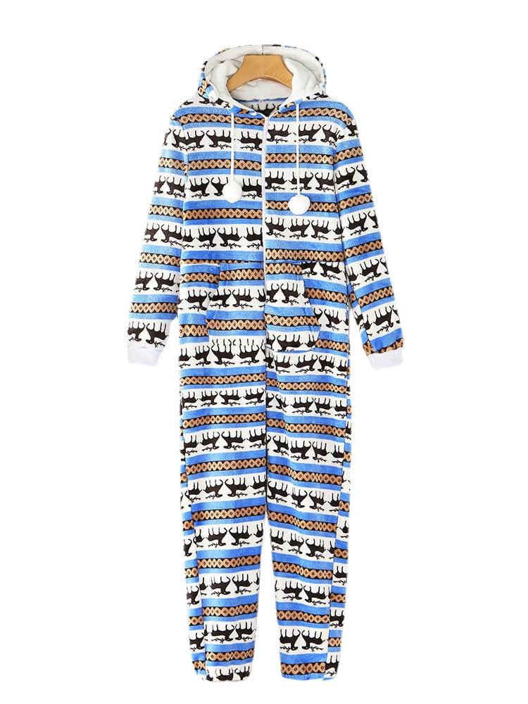 Christmas Women Flannel Elk Graphics Pocket Hooded Jumpsuits Cozy Warm Sleepwear