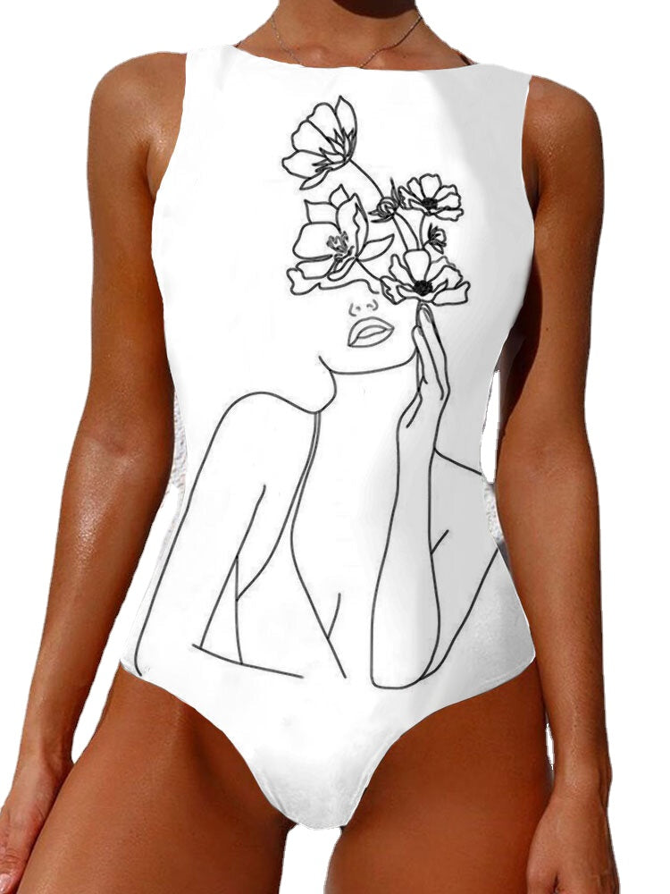 Women Line Drawing Abstract Print High Neck Sleeveless One Piece Slimming Swimsuit