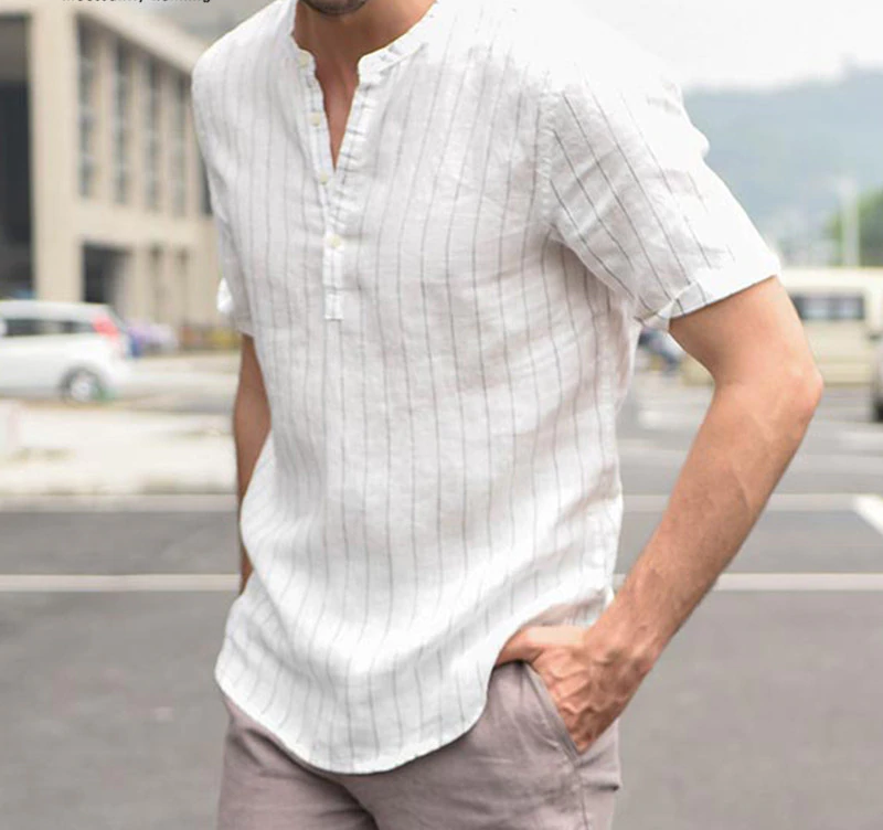 High Quality Cotton Linen Breathable Soft Striped Dress Shirt