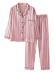 Women Pink Stripe Print Camp Collar Long Sleeve Home Casual Faux Silk Pajama Sets