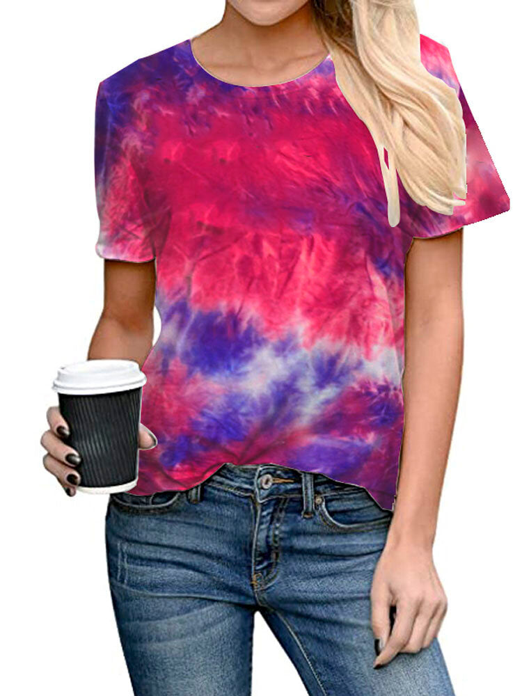 Tie-dye Print Round Neck Short Sleeve Loose Casual T-shirts Women