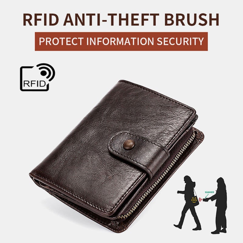 Men Vintage Genuine Leather RFID Blocking Wallet Zipper Coin Bag