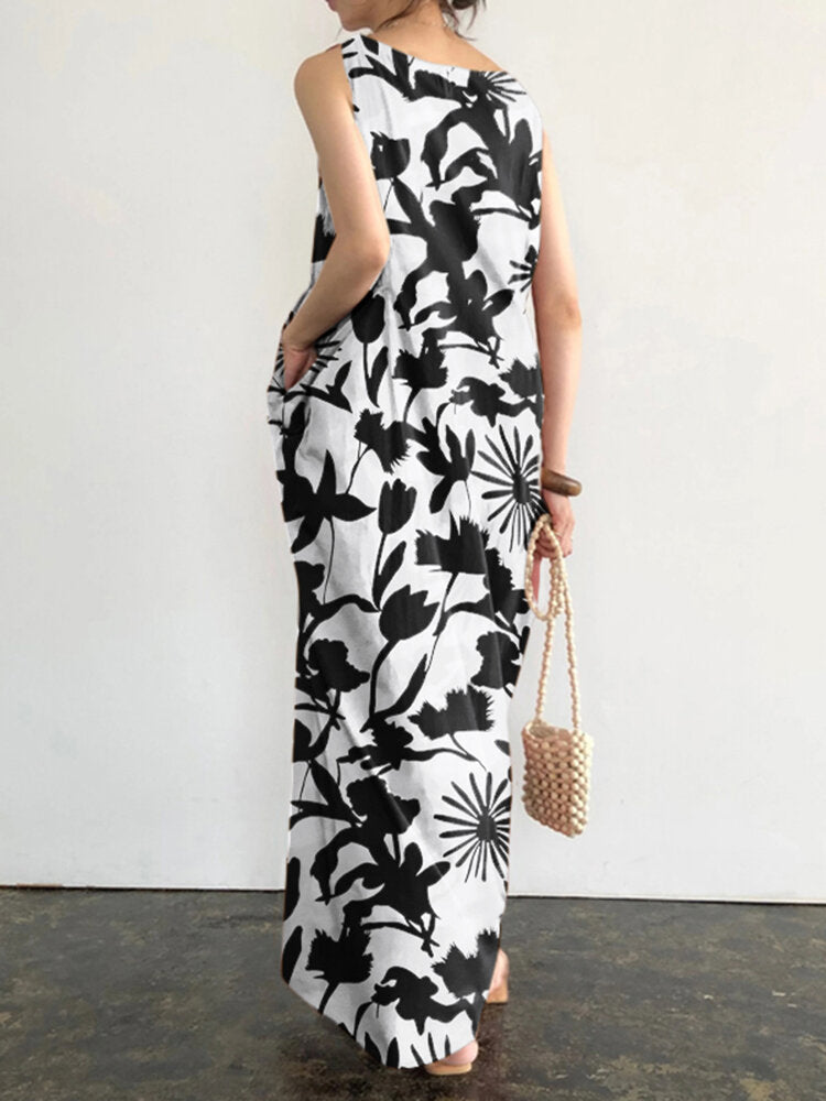 Plant Print Pocket Round Neck Sleeveless Print Dress