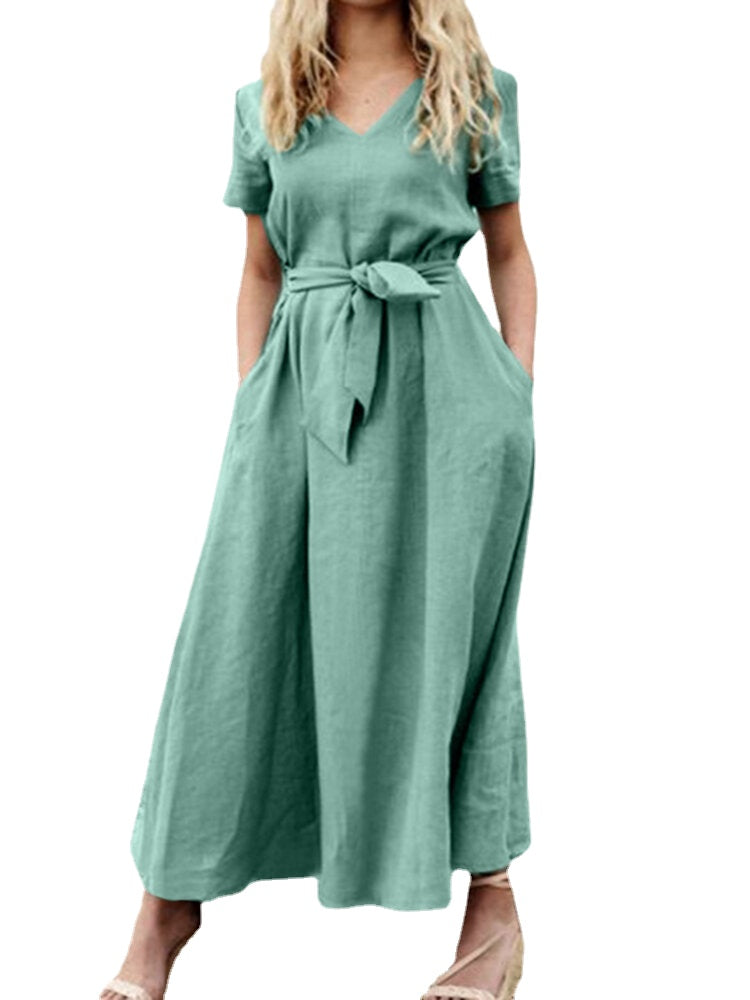 Solid Pocket Sash Short Sleeve Cotton Casual Maxi Dress