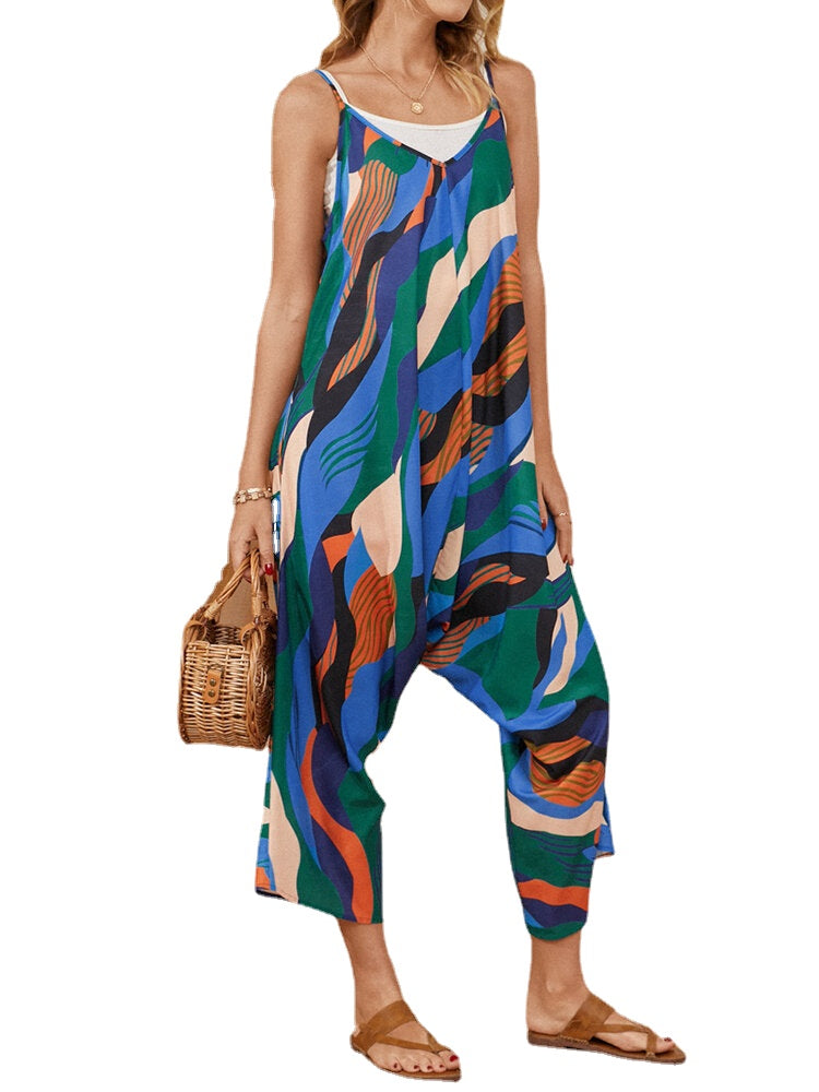 Multicolor Color Block Print Drawstring Pocket Strap Casual Jumpsuit